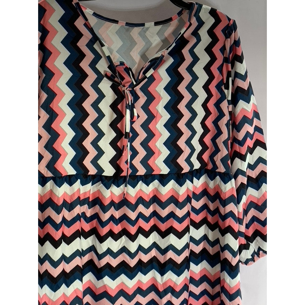 UNBRANDED Women's Pink/Black/White Zig-Zag Tie-Neck 3/4 Sleeve Midi Dress SZ XL