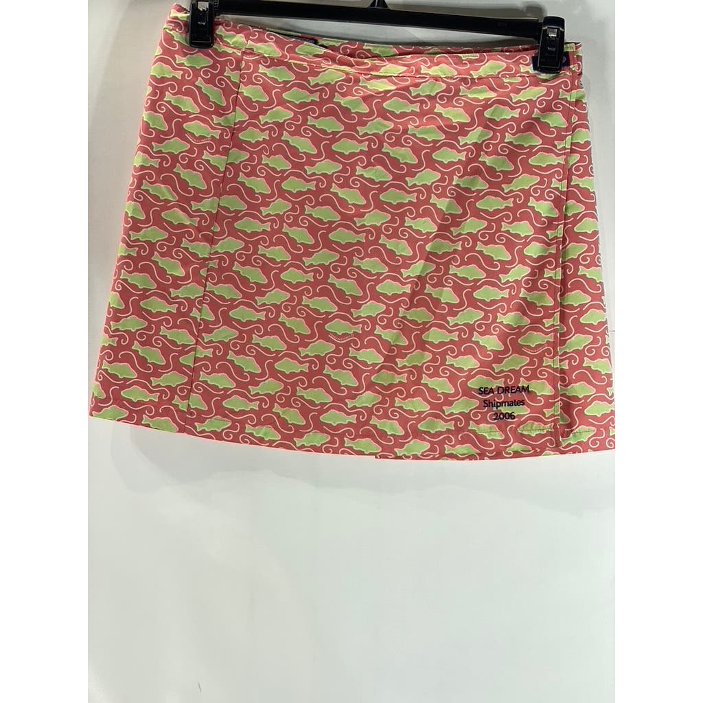 VINEYARD VINES Women's Pink/Green Fish Printed Wrap Mini Skirt SZ L