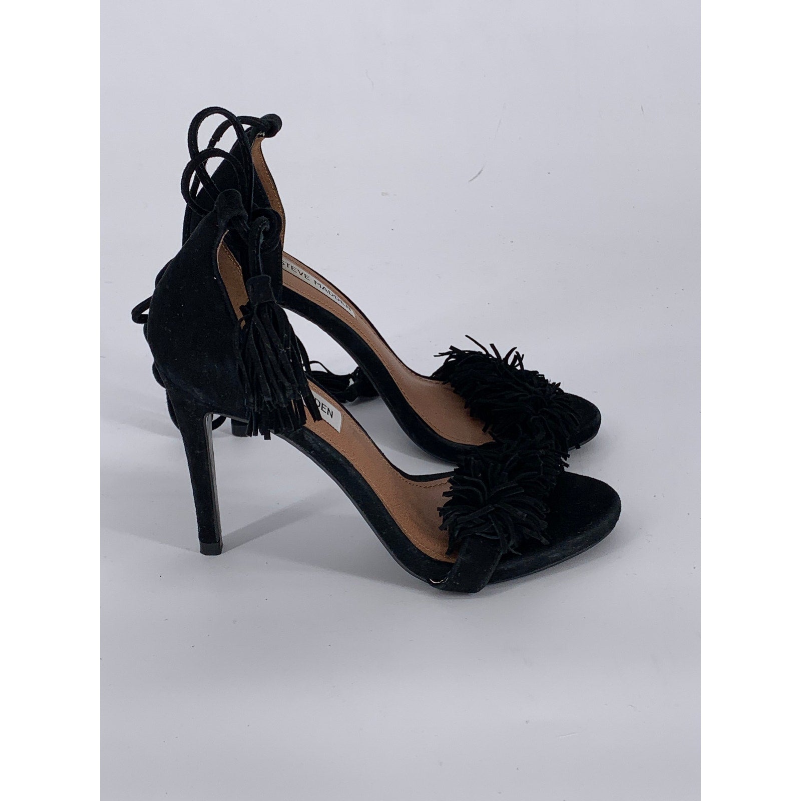 STEVE MADDEN Women's Black Leather Sassey Fringe Gladiator Stiletto Heels SZ 6.5