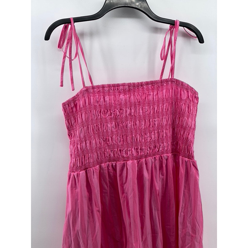 A NEW DAY Women's Pink Wide Stripe Smocked A-Line Tie-Strap Midi Dress SZ L