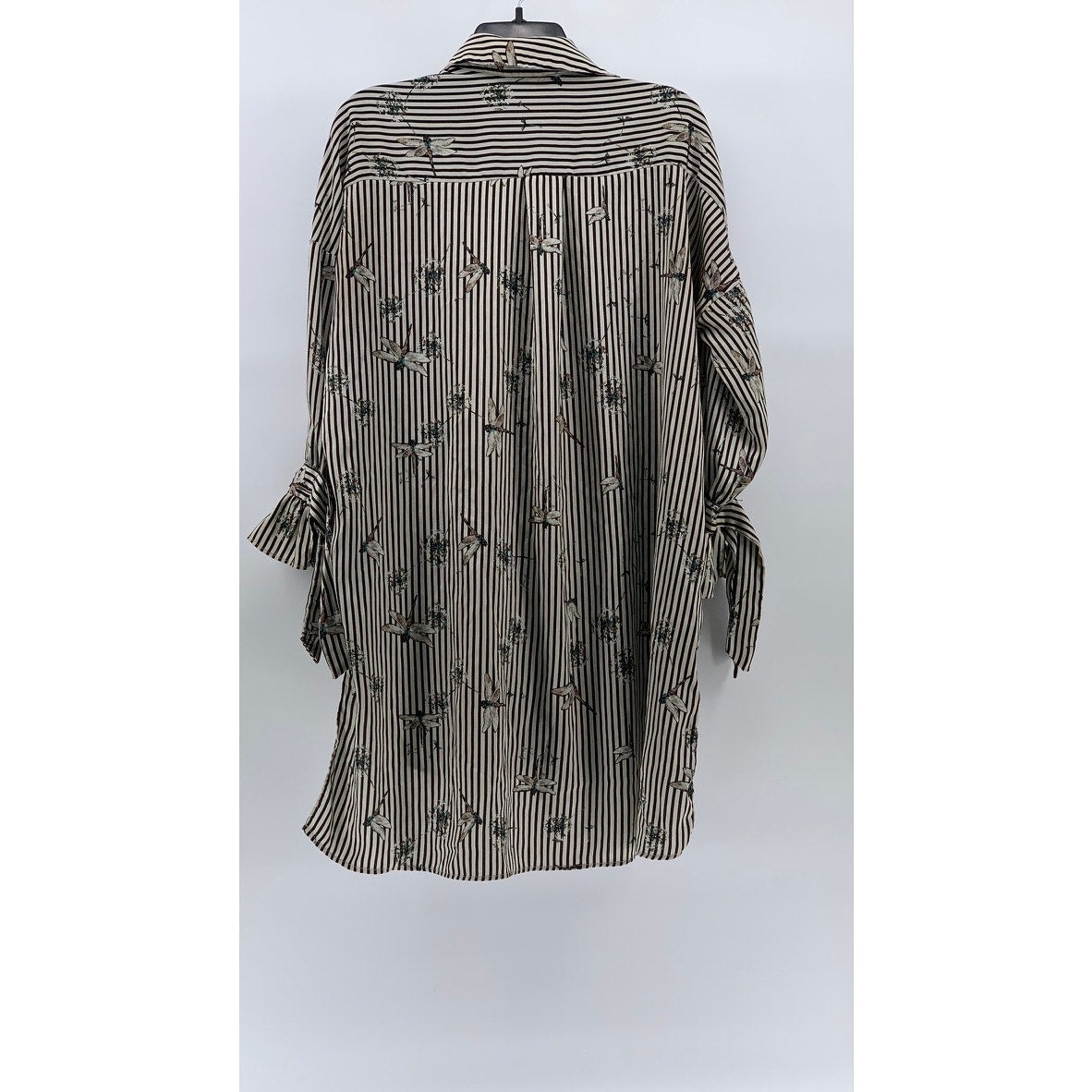 ZARA Women’s Black-Gray Striped Dragonfly Button-Up Long Sleeve Tunic Top SZ S