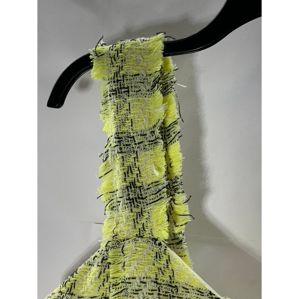 SHEIN Women's Yellow/Black Plaid Tweed Raw Cut Straight-Neck Crop Top SZ L