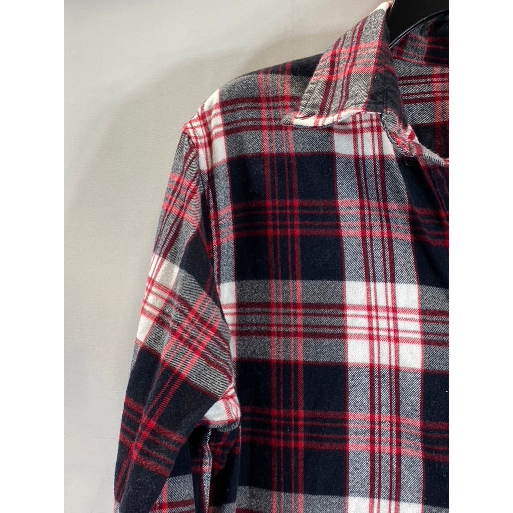 LANDS' END Men's Red/Black Plaid Traditional-Fit Button-Up Long Sleeve Shirt SZM