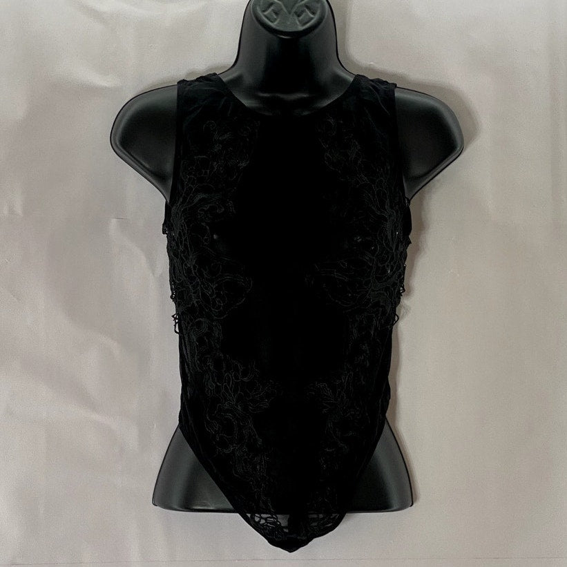 BLUEBELLA Women's Black Etienne Mesh Embroidered Lace Backless Bodysuit SZ M
