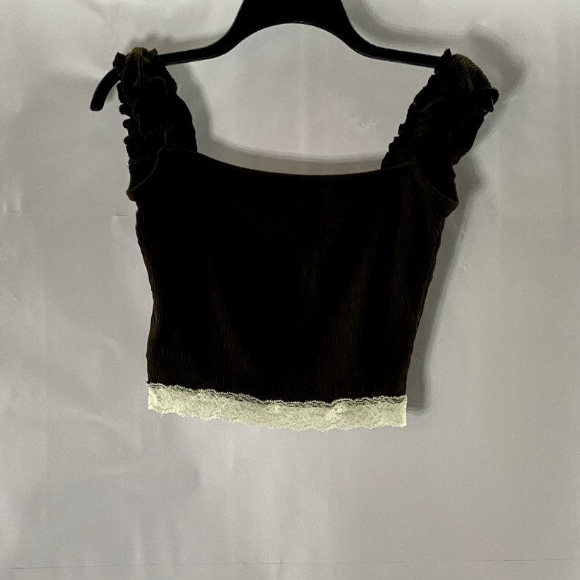 PROD Women's Dark Brown Butterfly Lace Trim Smocked Ruffle-Sleeve Crop Top SZ XS