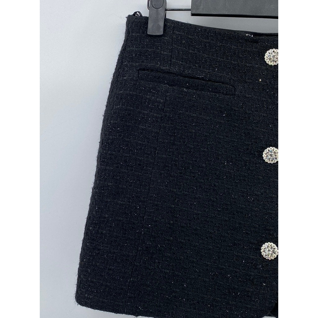ZARA Women’s Black Tweed Embellished Button-Front Straight Mini Skirt SZ S