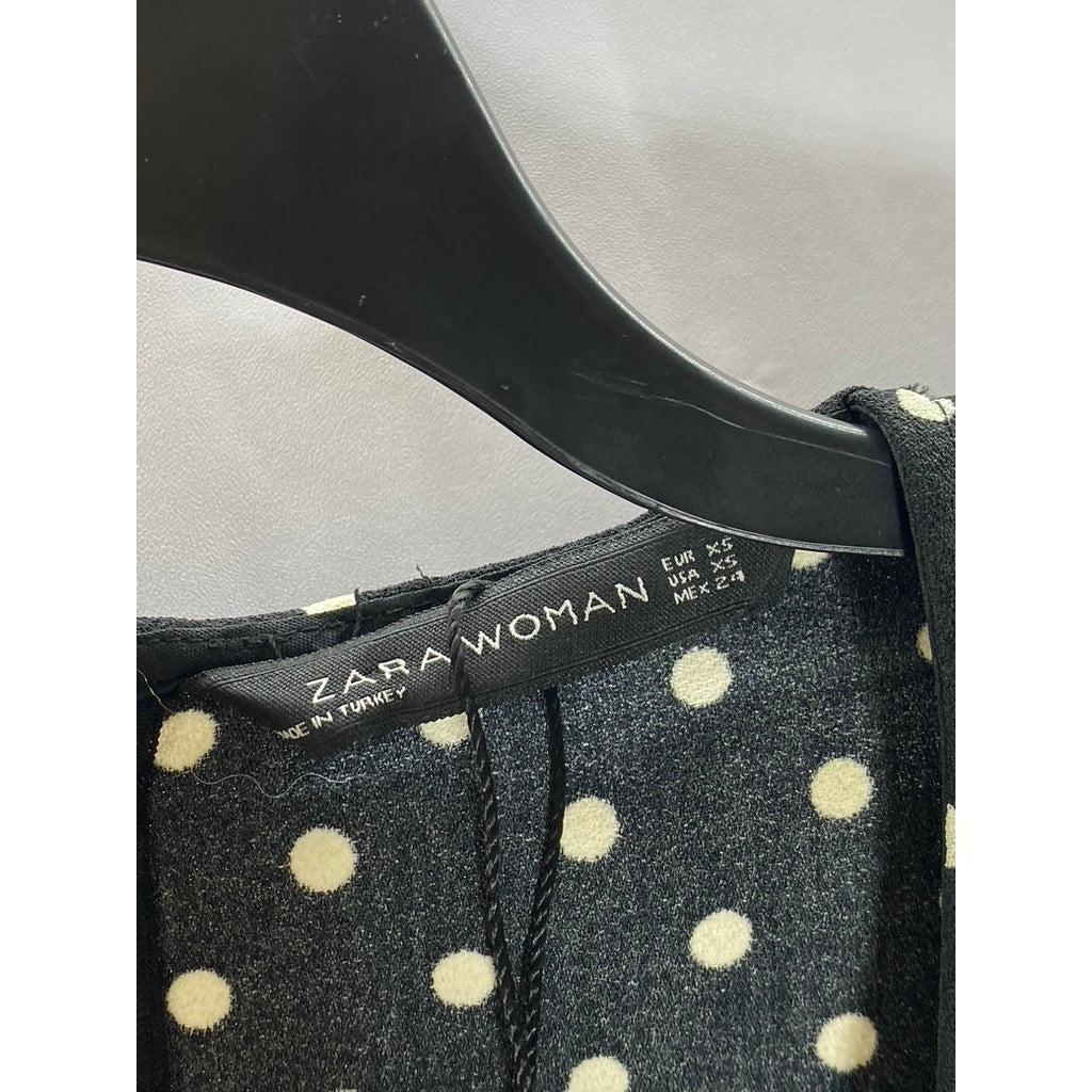 ZARA Women's Black-White Polka Dot V-Neck Long-Sleeve Cropped Jumpsuit SZ XS