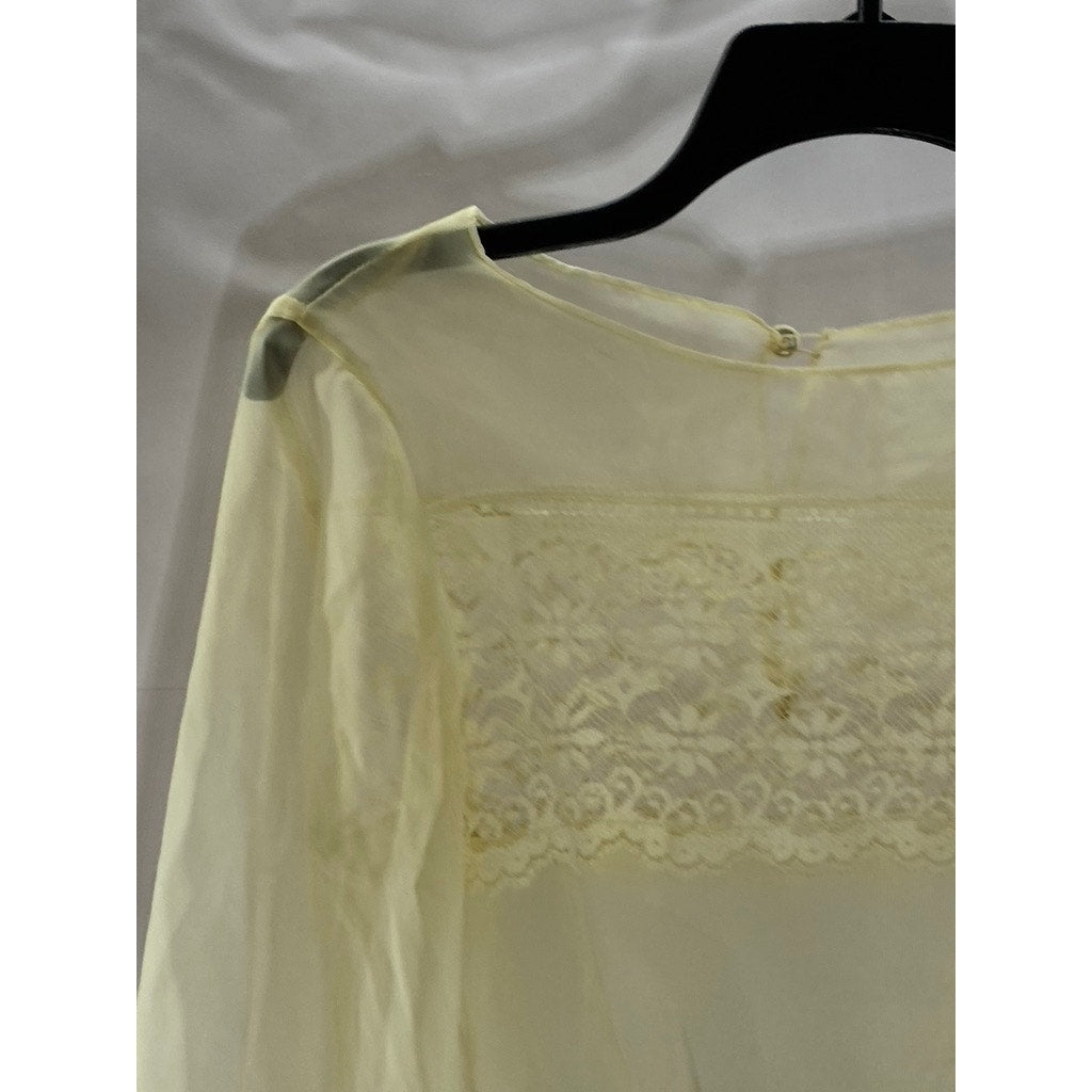 UNBRANDED Women's Cream Sheer Ruffle Lace Trim Long Sleeve Blouse SZ M