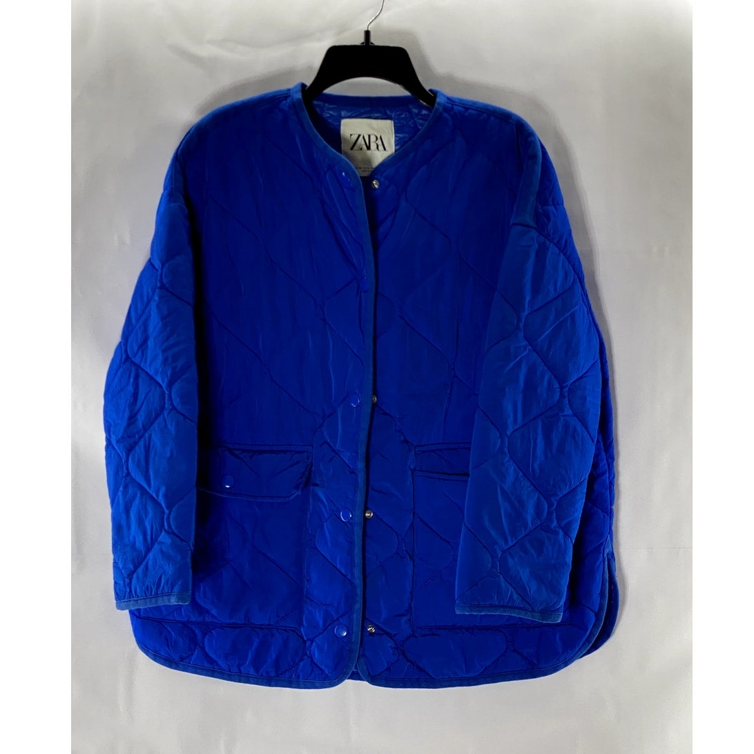 ZARA Women's Royal Blue Snap-Button Oversized Quilted Split Hem Jacket SZ XS