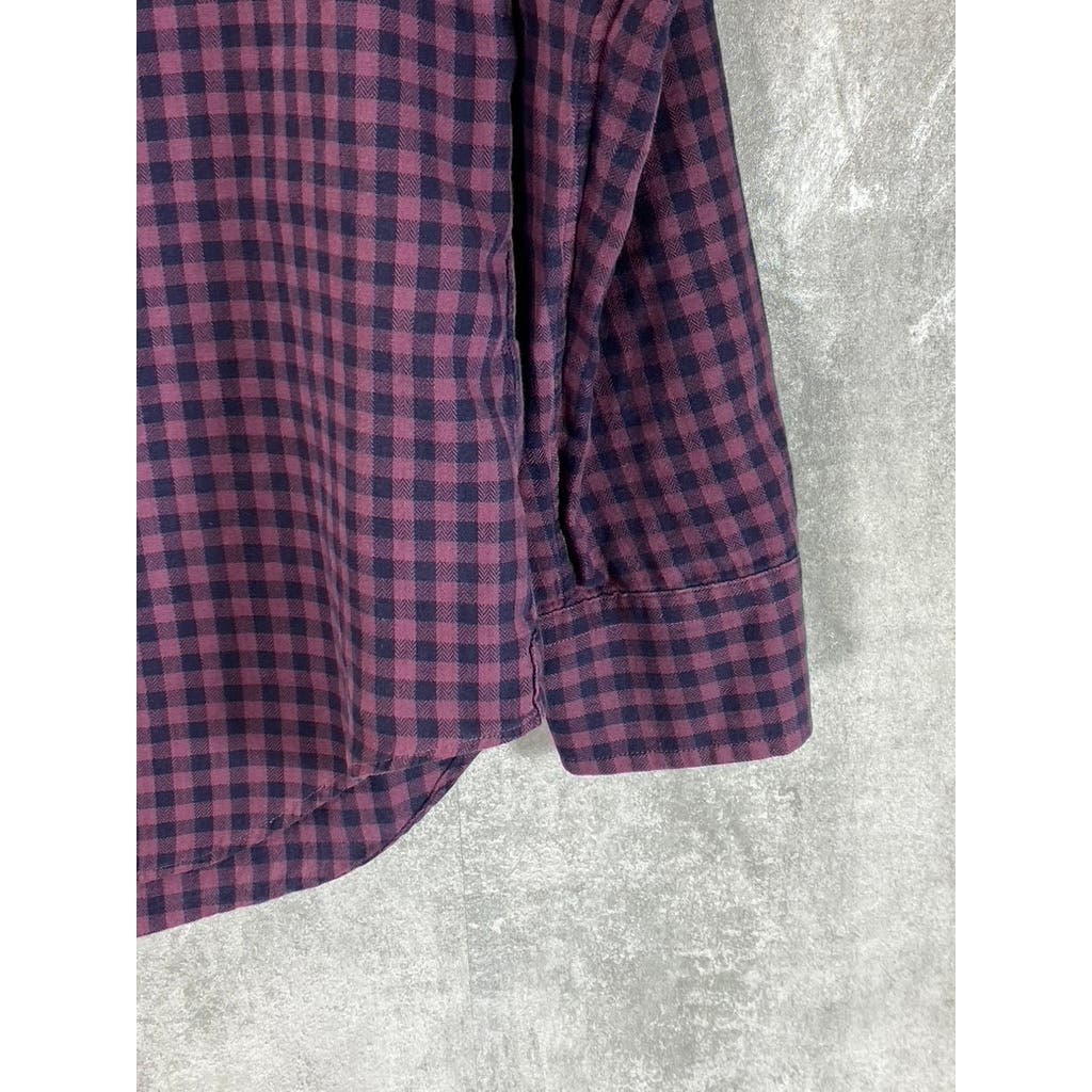 CLUB MONACO Men's Burgundy Gingham Slim-Fit Button-Up Long Sleeve Shirt SZ S