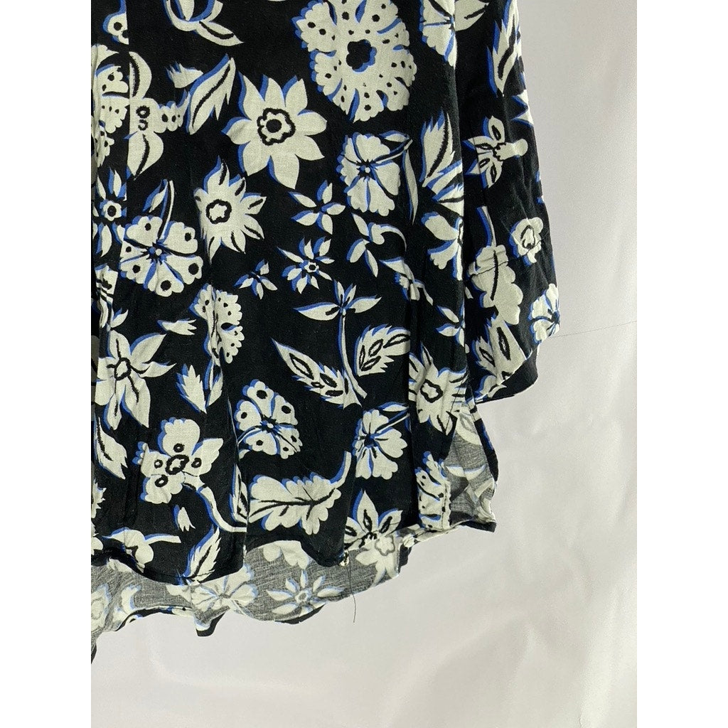 ZARA Women's Black/White Floral V-Neck Long Sleeve Tunic Top SZ S