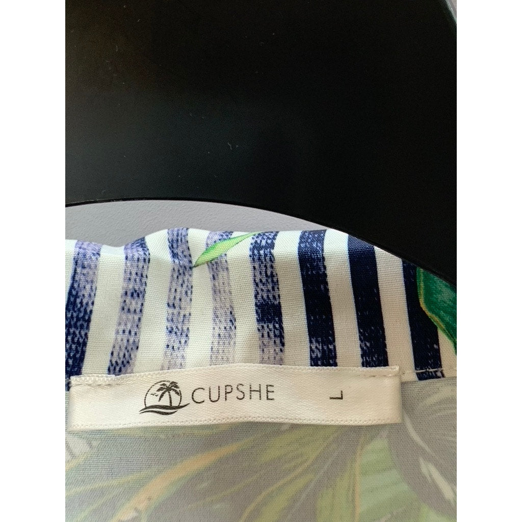 CUPSHE Women's White Striped Hawaiian Tropical Tie-Sleeve Cover-Up Dress SZ L