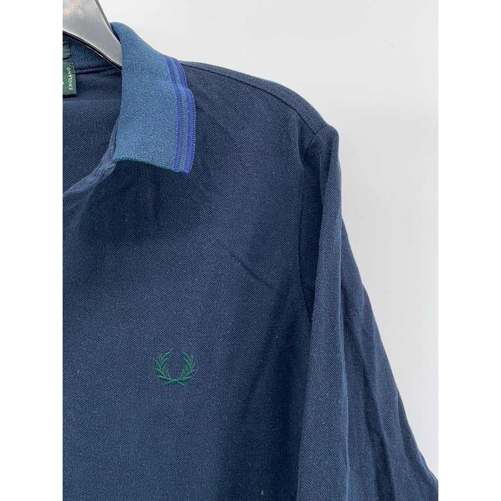 FRED PERRY Men's Navy Blue Textured Long Sleeve Polo Shirt SZ 42(L)