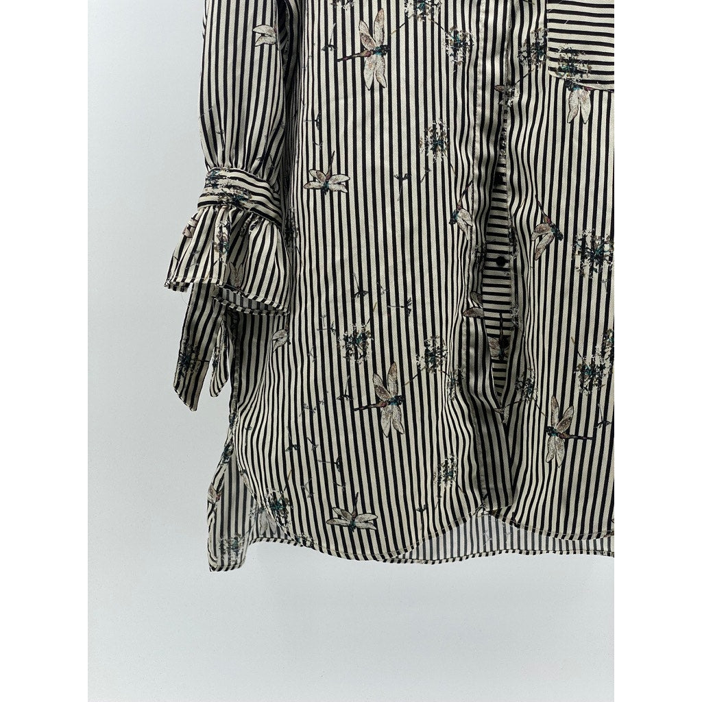 ZARA Women’s Black-Gray Striped Dragonfly Button-Up Long Sleeve Tunic Top SZ S