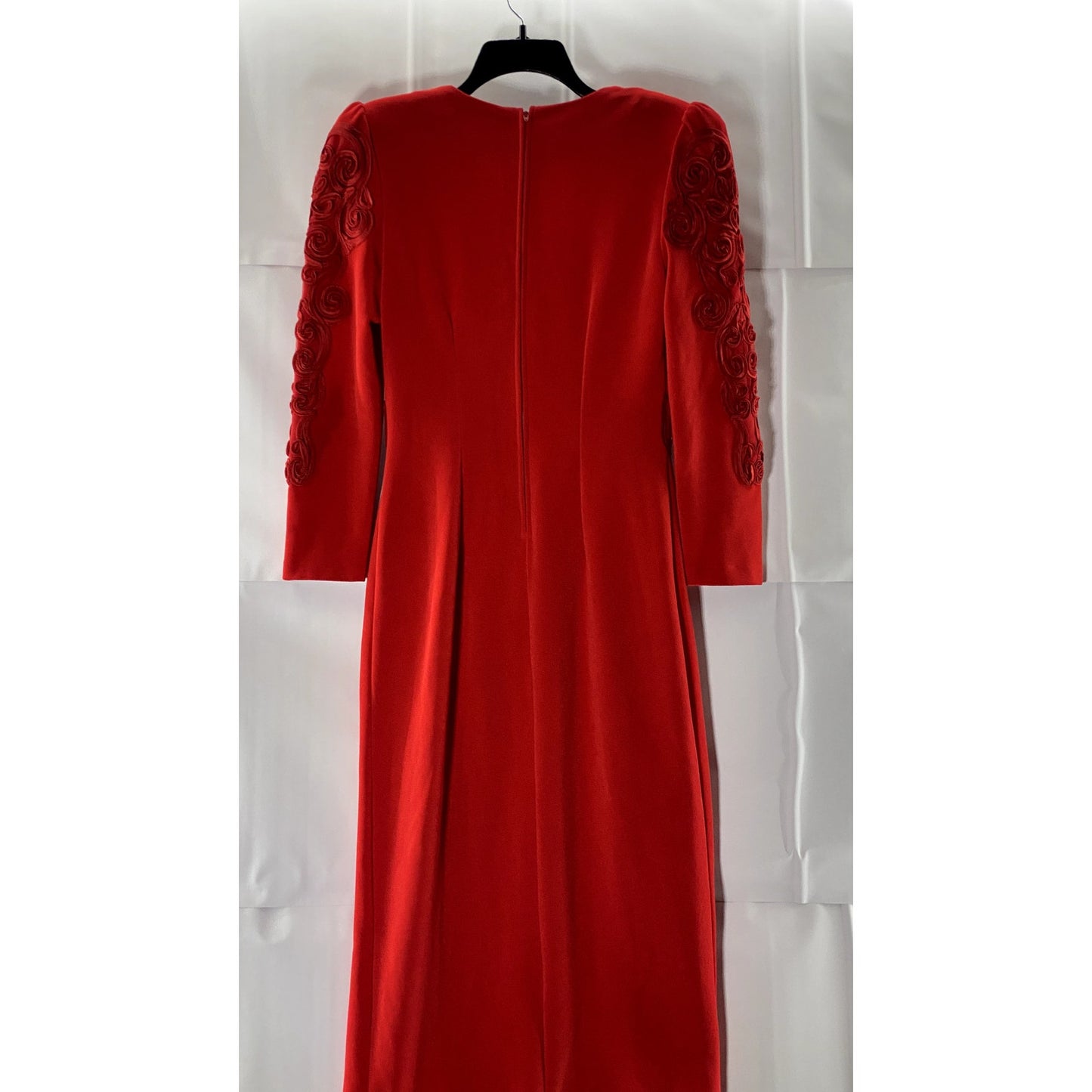AFFLUENCE Women's Bright Red 3D Floral Trim V-Neck Split-Hem Maxi Gown SZ S