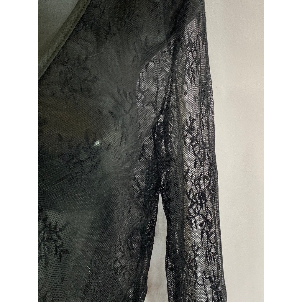 UNBRANDED Women's Black Floral Lace Long Sleeve Tie-Front Cover-Up Top SZ M