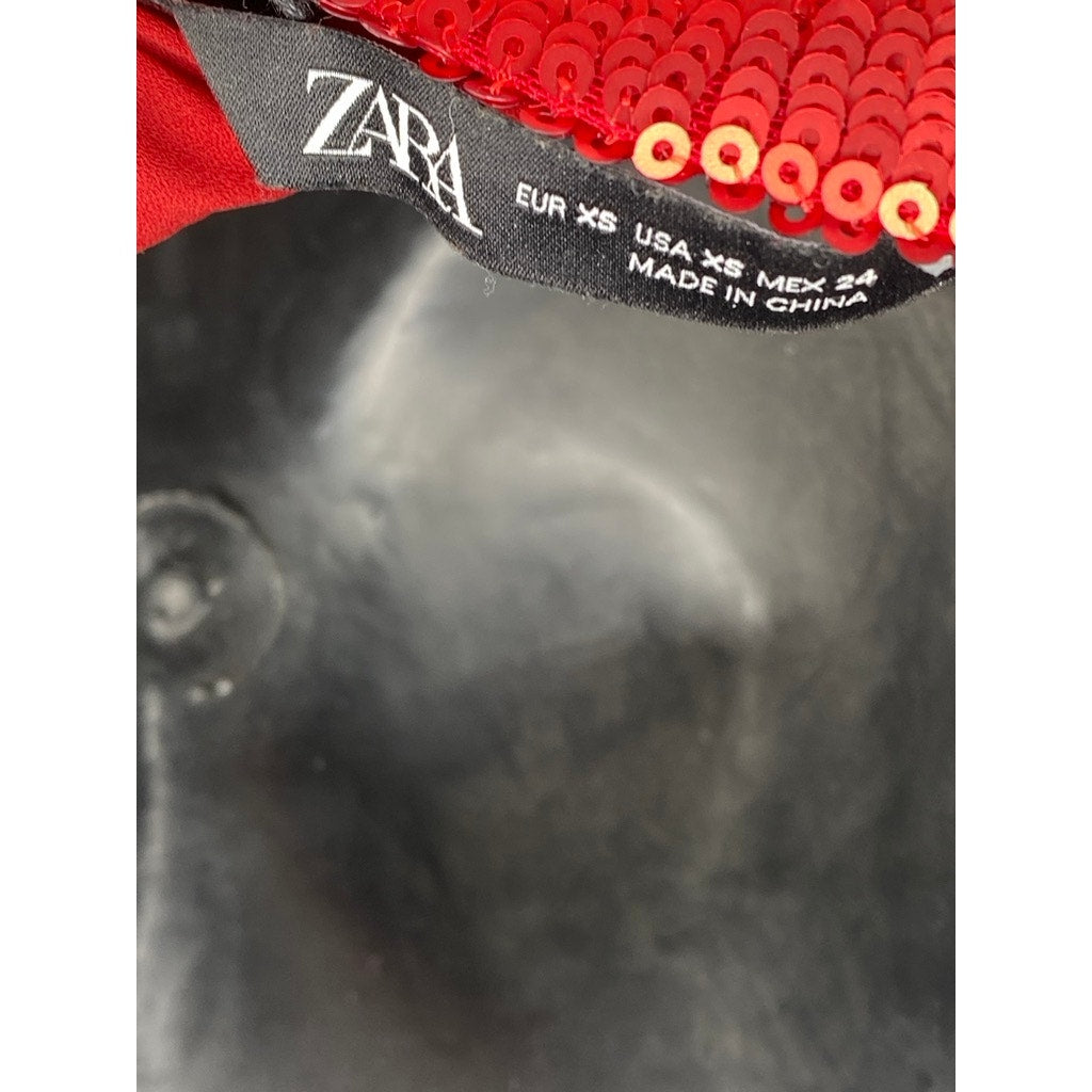 ZARA Women's Red Sequin Cowl-Neck Spaghetti Strap Cross Back Cropped Top SZ XS