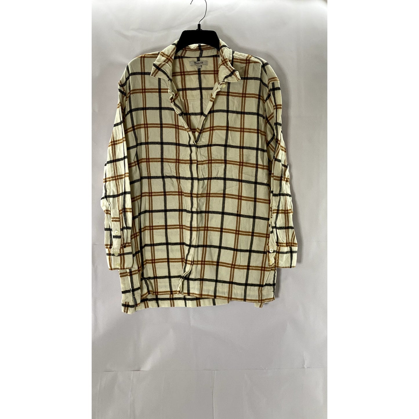 MADEWELL Women's Cream Plaid Flannel Oversized Button-Up Boyfriend Top SZ L