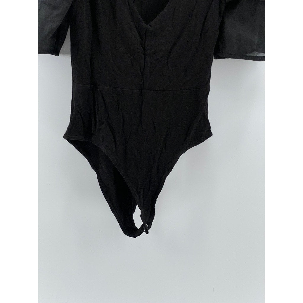 FOREVER 21 Women's Black Mesh Puff Short Sleeve Scoop-Neck Bodysuit SZ S
