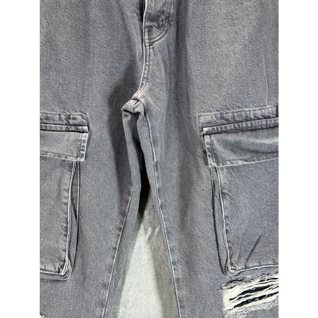 MAN BOOHOOMAN Men's Grey Skinny Stretch Distressed Smoked Popper Hem Cargo Jean