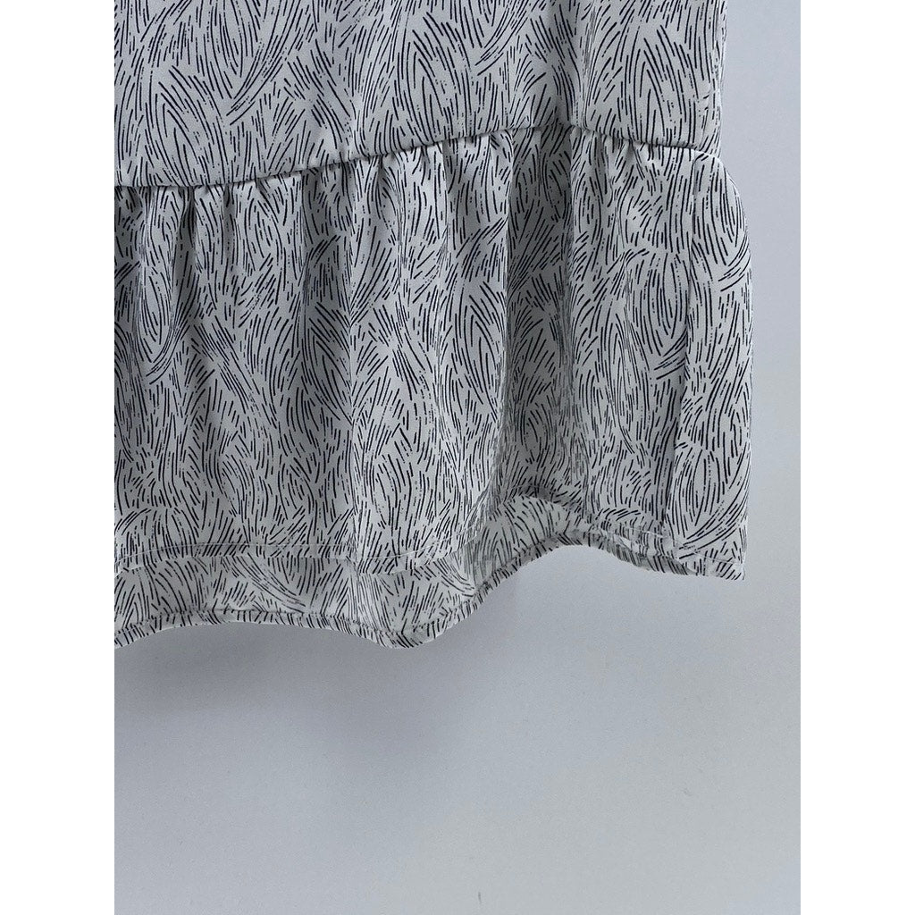 APT. 9 Women's White-Black Printed Crewneck Short Sleeve Ruffle-Hem Top SZ M