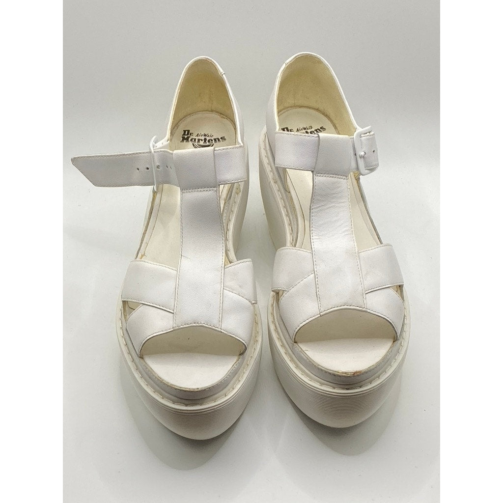 DR. MARTENS Women's White T-Strap Peep-Toe Wedge Platform Sandals SZ 8