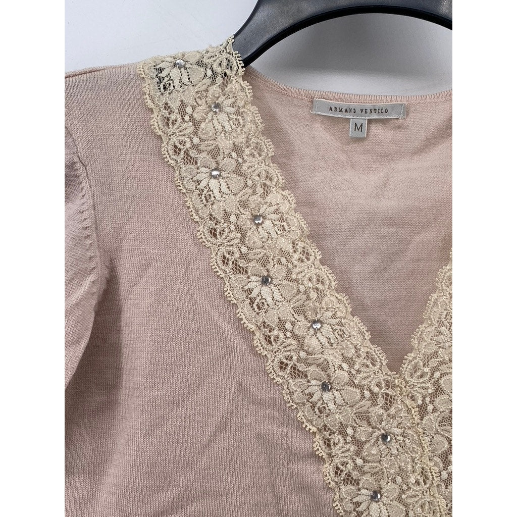 ARMAND VENTILO Women's Light Pink-Beige Wool-Blend V-Neck Lace-Trim Sweater SZ M