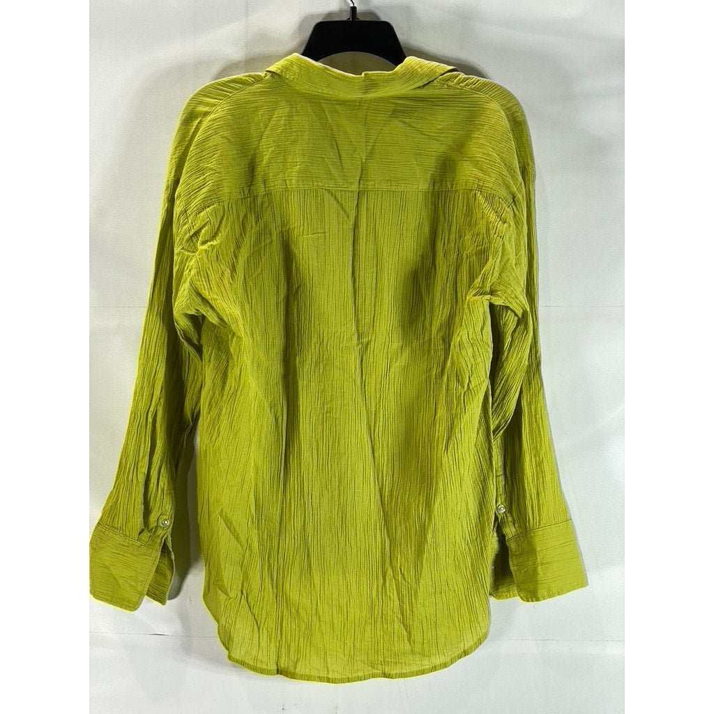 H&M Women's Yellow-Green Oversized Crinkle Long Sleeve Button-Up Top SZ S