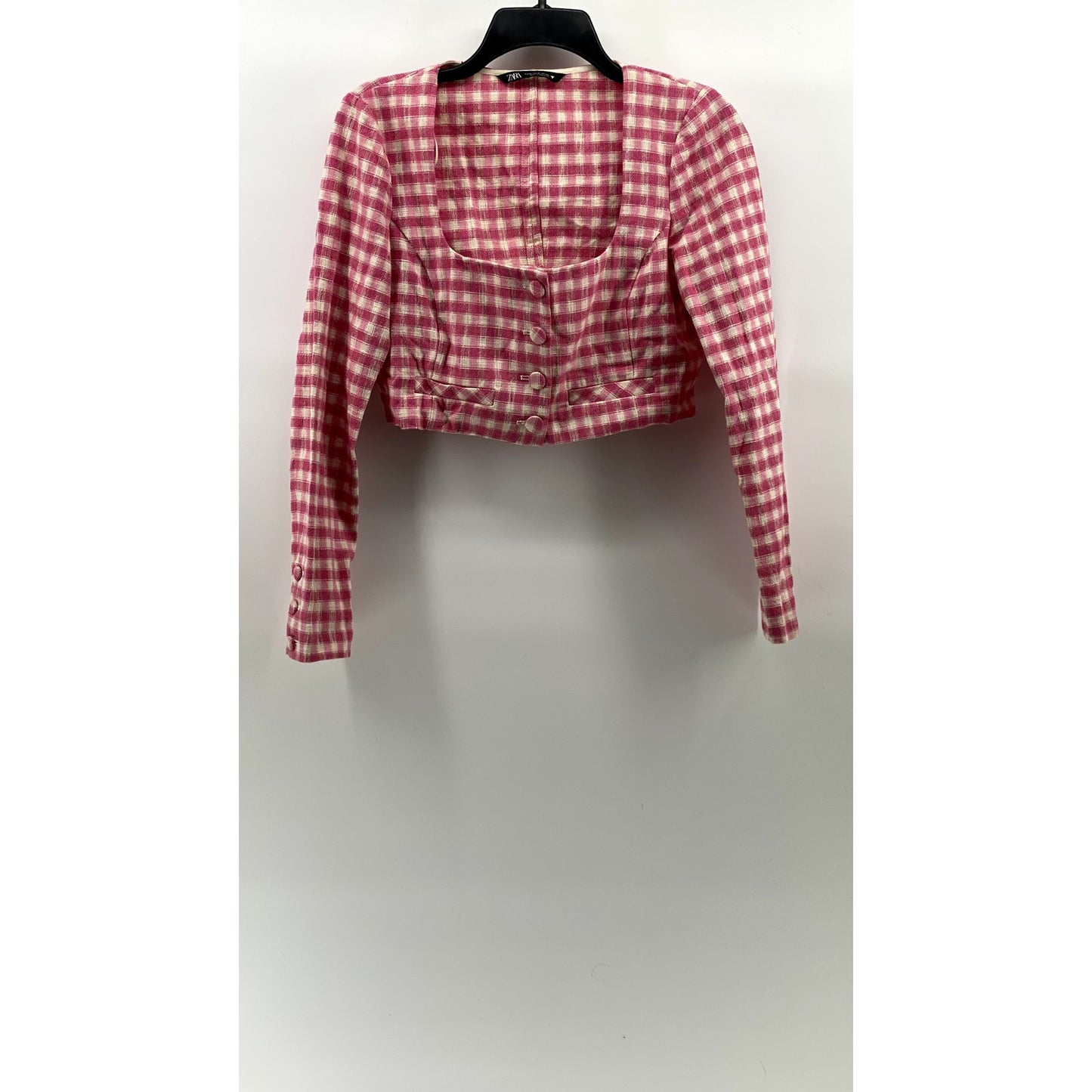 ZARA Women’s Pink Gingham Button-Up Straight Neck Long Sleeve Crop Top SZ M