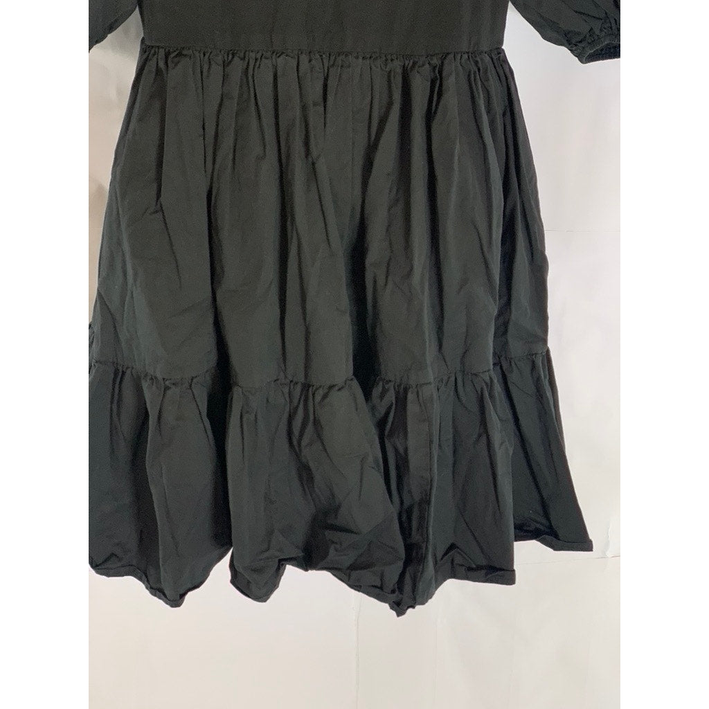 EN SAISON Women's Black Solid Crewneck Puff Sleeve Ruffle-Hem Mini Dress SZ L