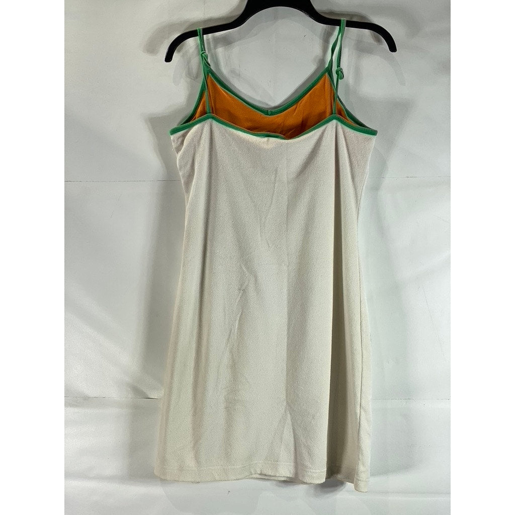 725 ORIGINALS Women's White/Green/Orange Striped V-Neck Vintage Casual Dress SZL