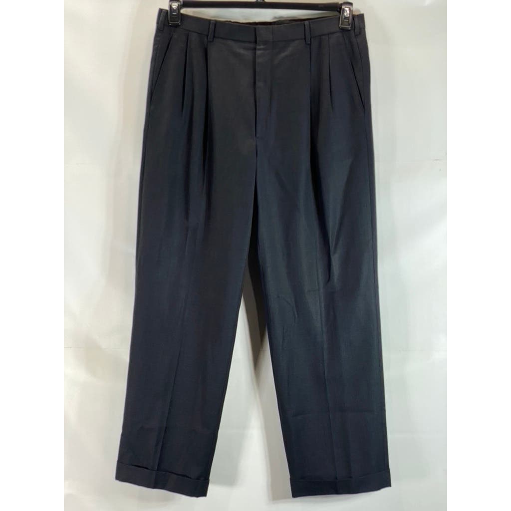 BROOKS BROTHERS Men's Black Solid Pleated-Front Cuffed Wool Dress Pants SZ 36X30