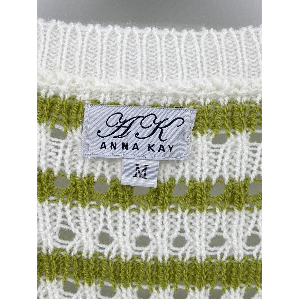 ANNA KAY Women's White-Green Knit Striped Button-Up Long Sleeve Cardigan SZ M