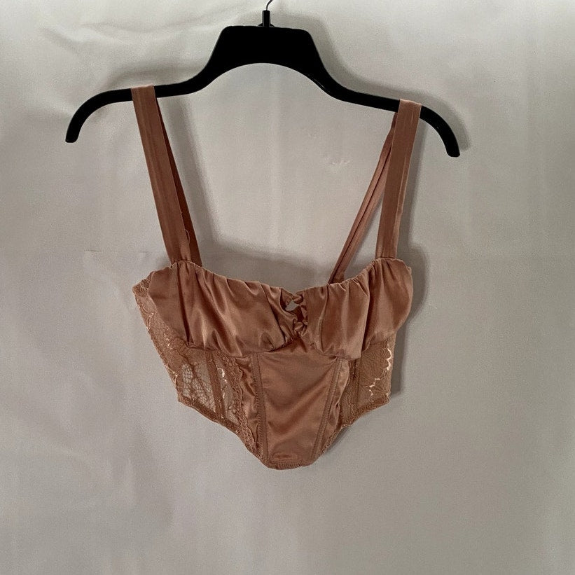 OUT FROM UNDER Women's Pink Satin Lace Hook & Loop Corset Crop Top SZ S