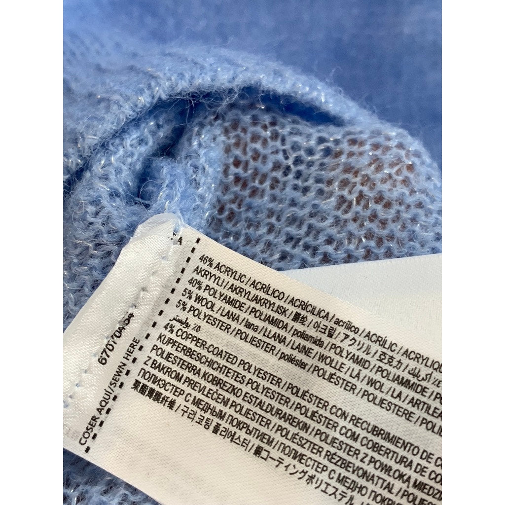 MANGO Women's Sky Blue Lurex Knit Button-Up Crewneck Cardigan SZ L