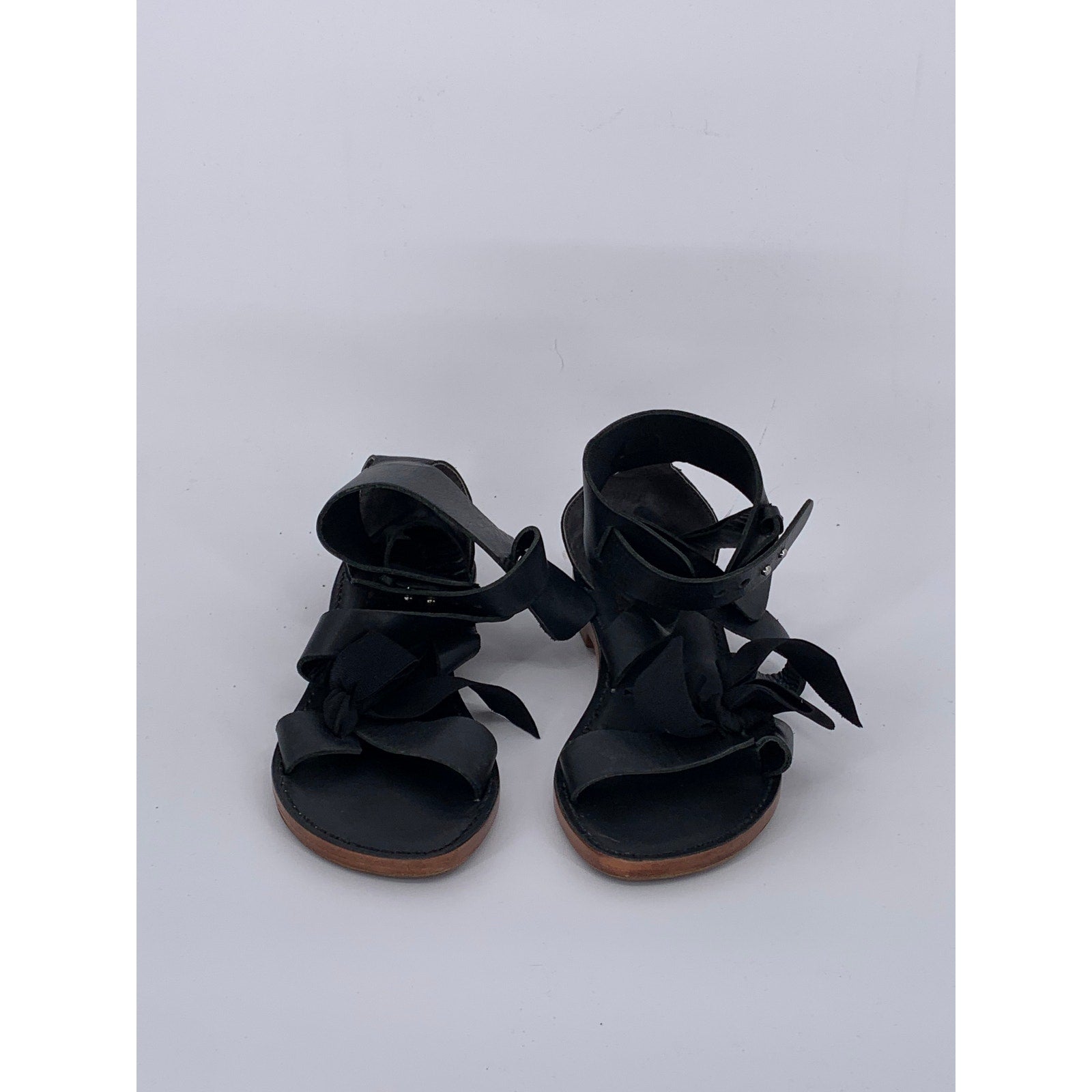 POUR & VICTOIRE Women's Black Leather Round Open-Toe Strappy Sandals SZ 7