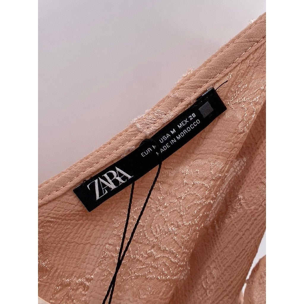 ZARA Women's Salmon Pink Jacquard Ruffle Spaghetti Strap V-Neck Tank Top SZ M