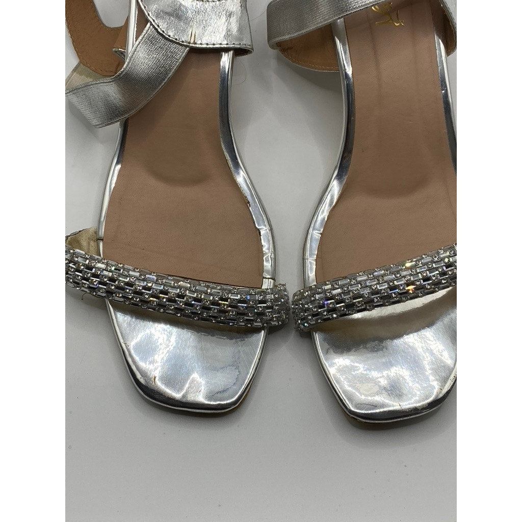 PATTERNZ Women's Silver Rhinestone Open-Toe Ankle-Strap Block Heel Sandals SZ 7