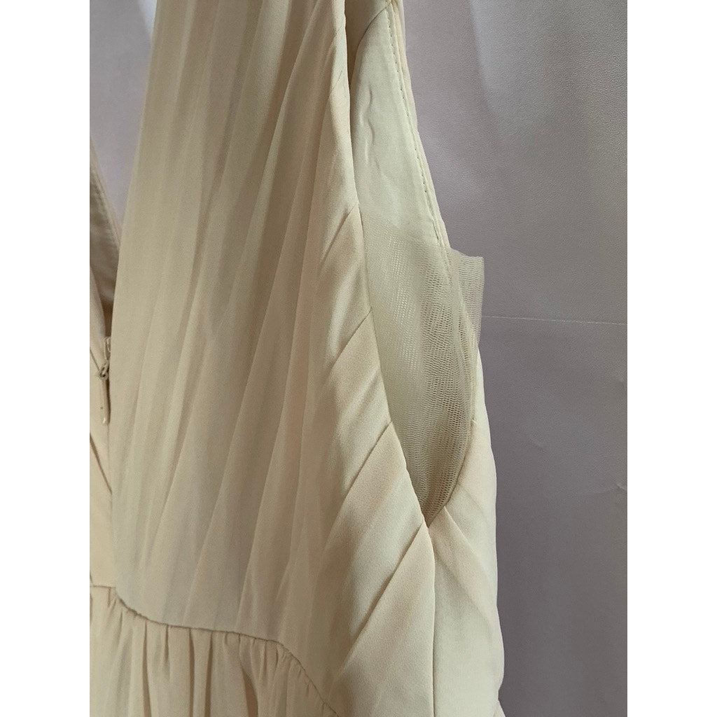 AZAZIE Women's Beige Double V-Neck Sleeveless Mesh Maxi A-Line Dress SZ 12