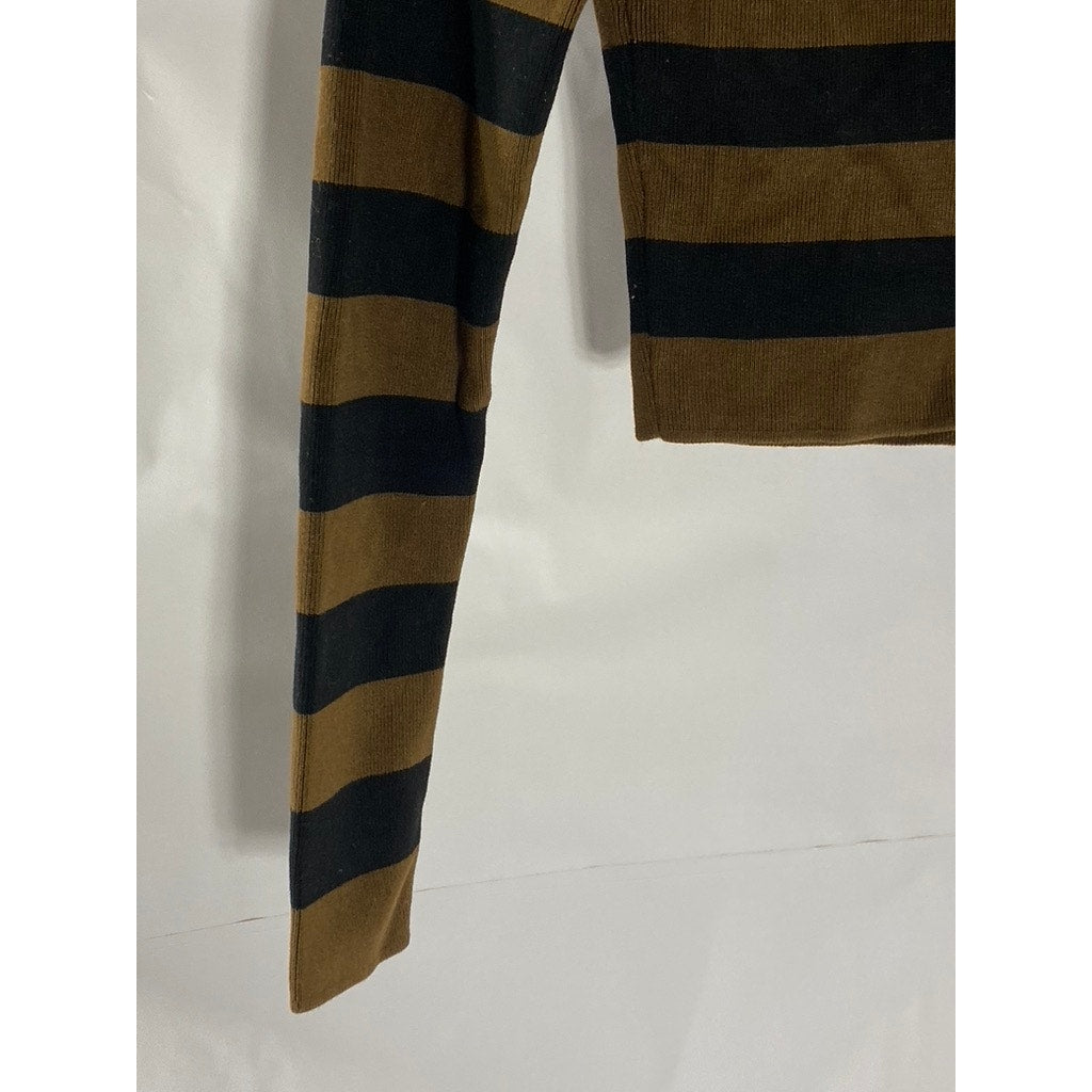 ZARA Women's Black/Brown Striped Knit Crewneck Long Sleeve Crop Top SZ S