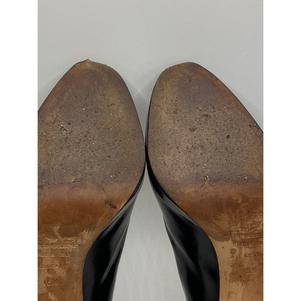 FACONNABLE Women's Black Leather Peep-Toe Slip-On Stiletto Heels SZ 6.5