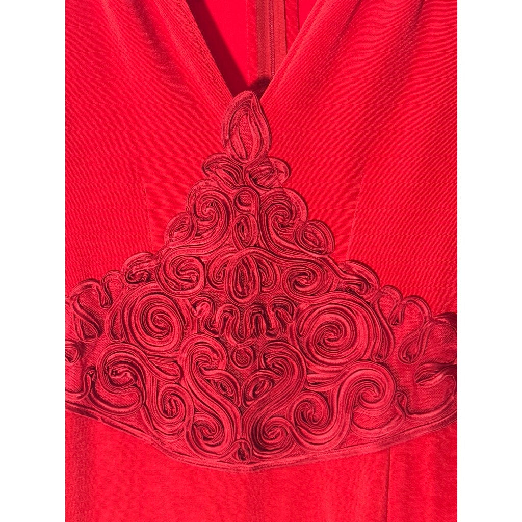 AFFLUENCE Women's Bright Red 3D Floral Trim V-Neck Split-Hem Maxi Gown SZ S