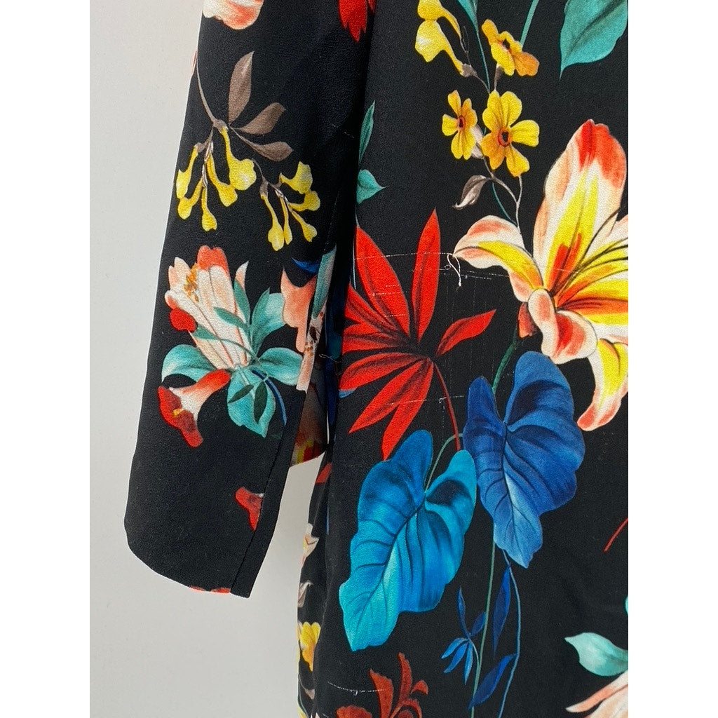 ZARA TRF OUTERWEAR Women’s Black-Multi Floral Open-Front Long Blazer SZ S