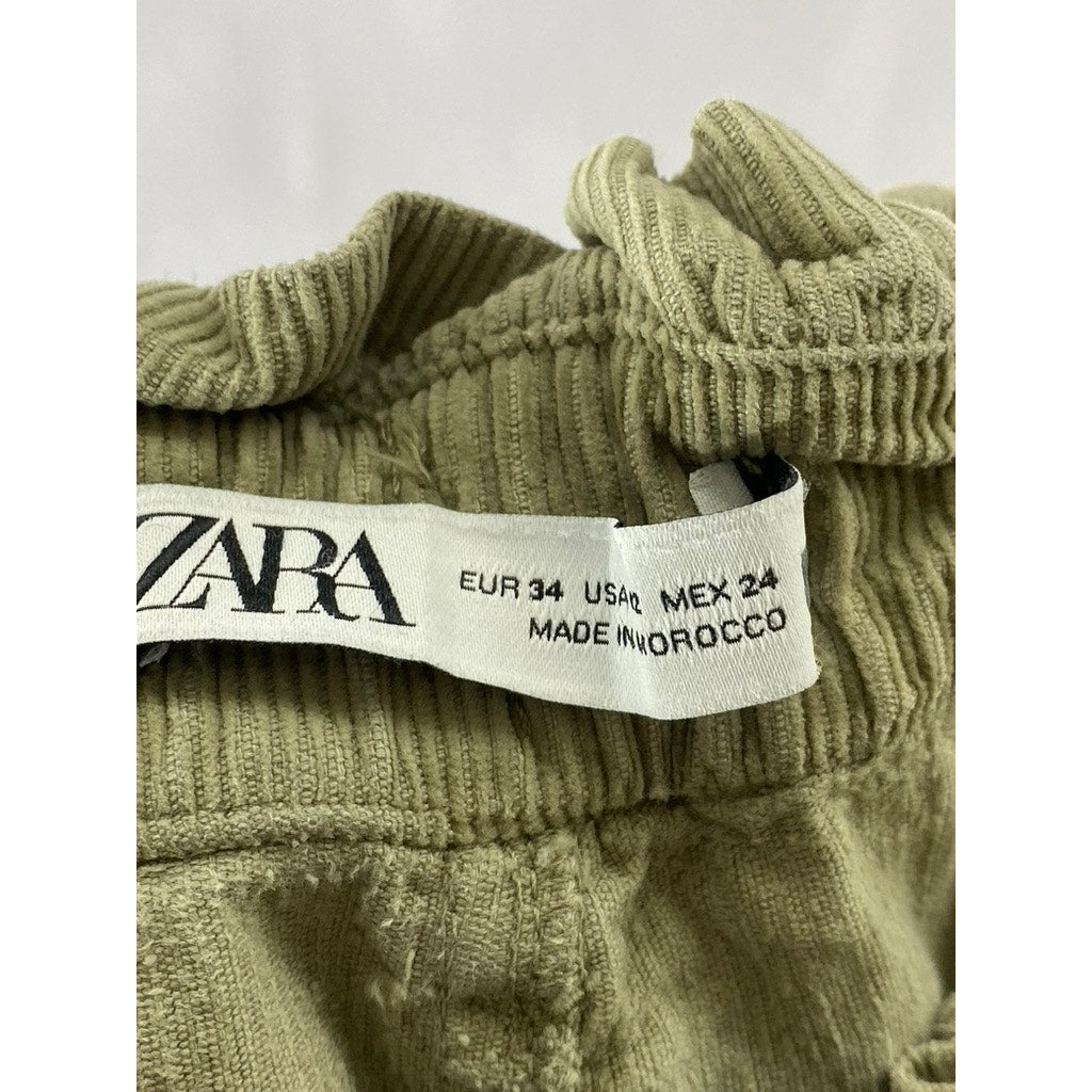 ZARA Women’s Olive Green Corduroy Ruffle-Waist Jogger Pant SZ 12
