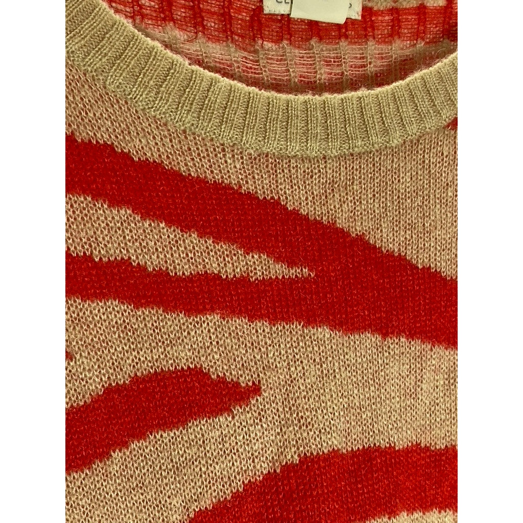 CLUB MONACO Women's Tan-Red Zebra Striped Crewneck Knit Pullover Sweater SZ S