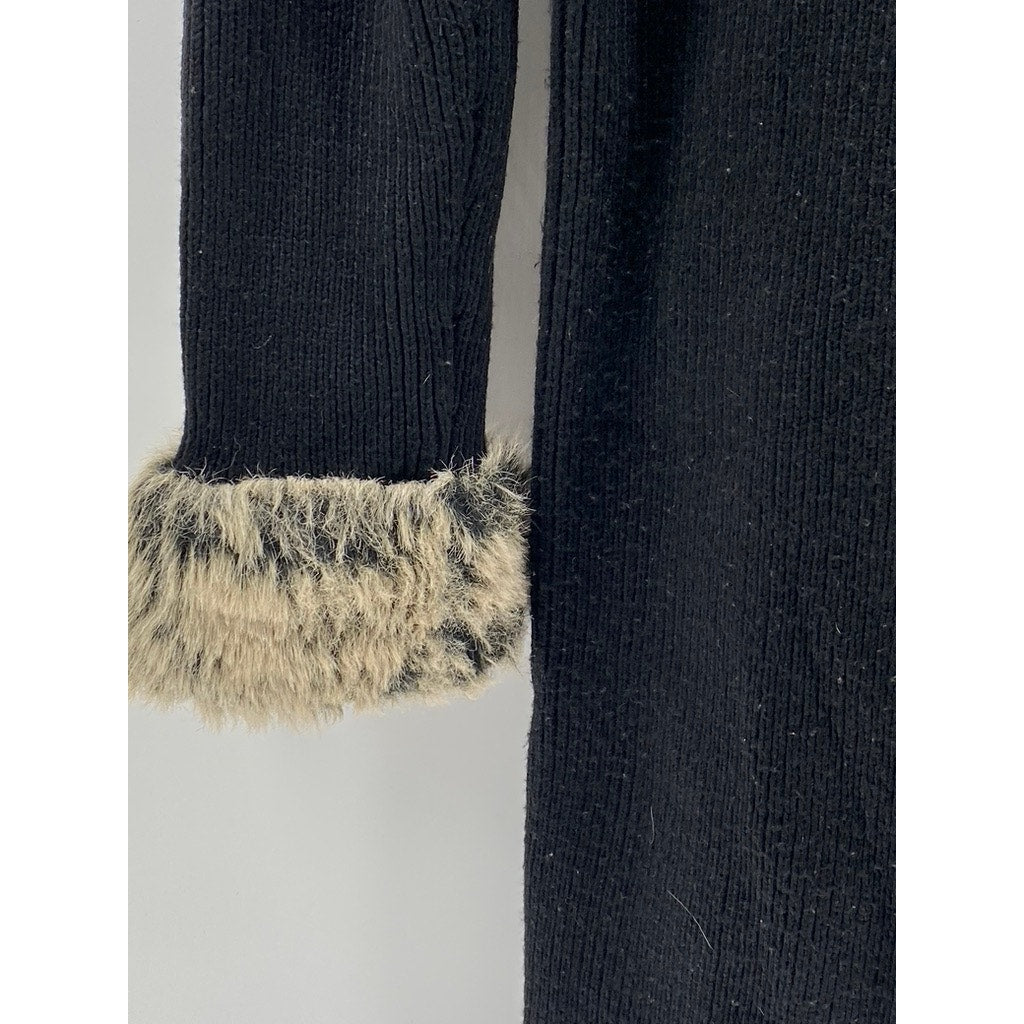 CHRISTIE & JILL Women's Vintage Black Rib Faux Fur Long Sleeve Long Duster SZ L