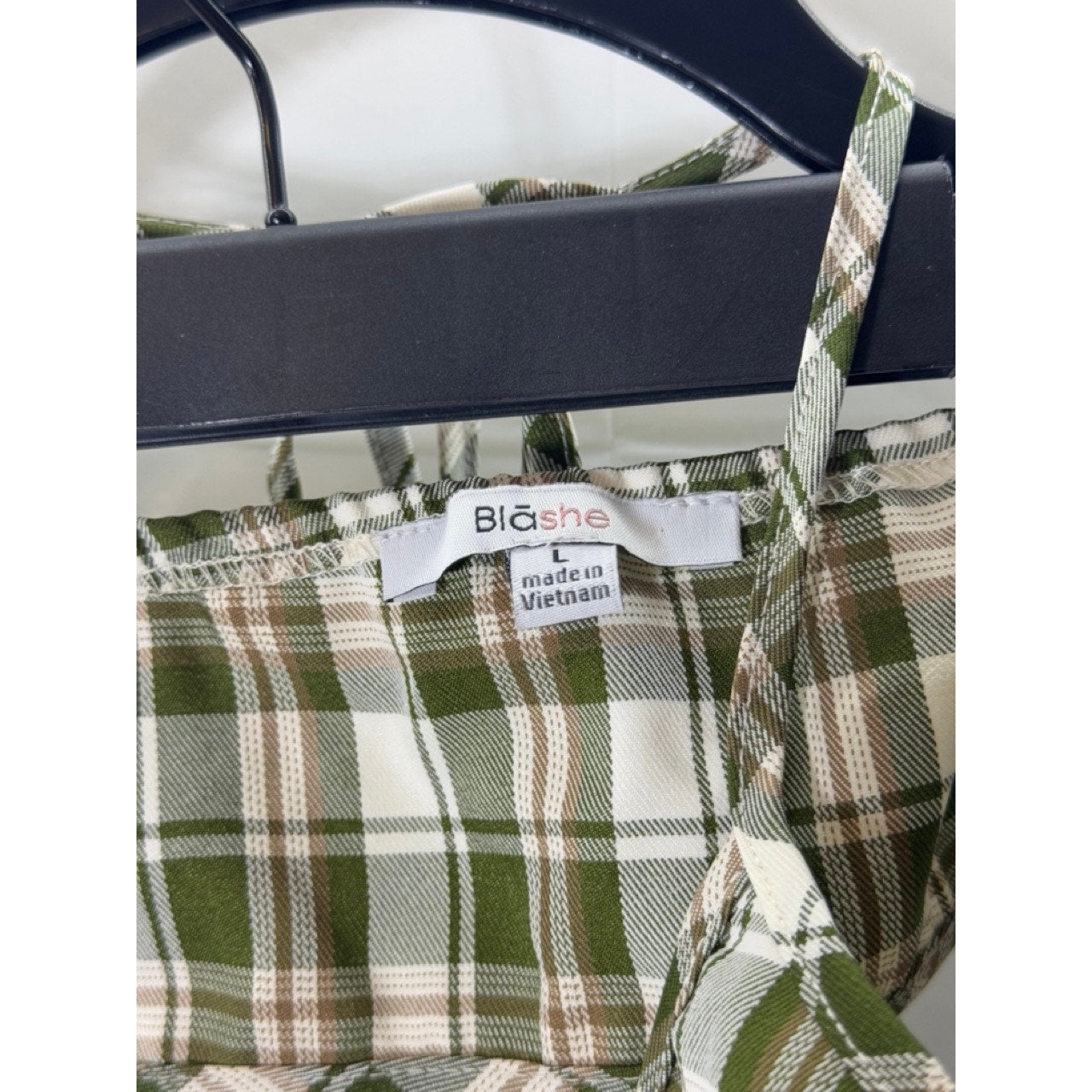 BLASHE Women's Green/Cream Plaid Tie-Knot Backless Halter Crop Top SZ L