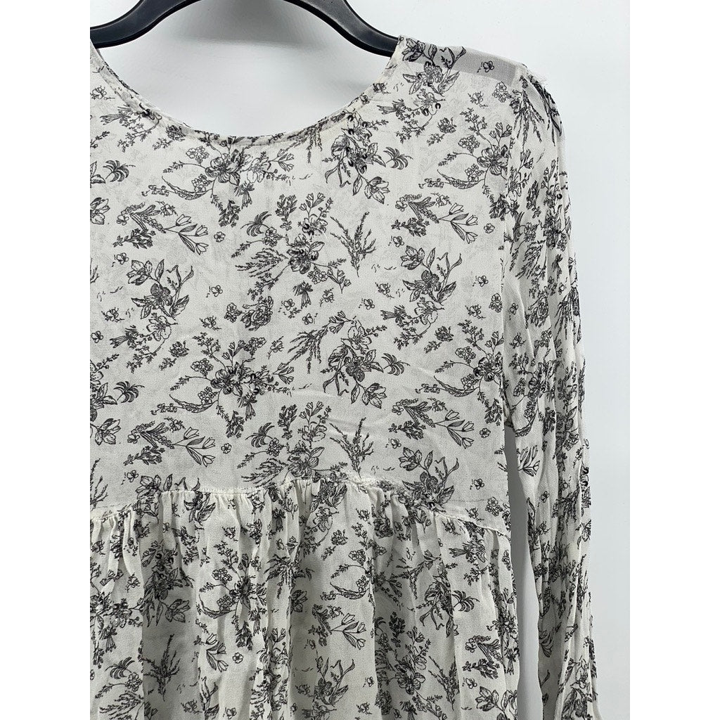 ZARA Women's Light Gray Floral Sequin Embellished Long Flare Sleeve Top SZ L