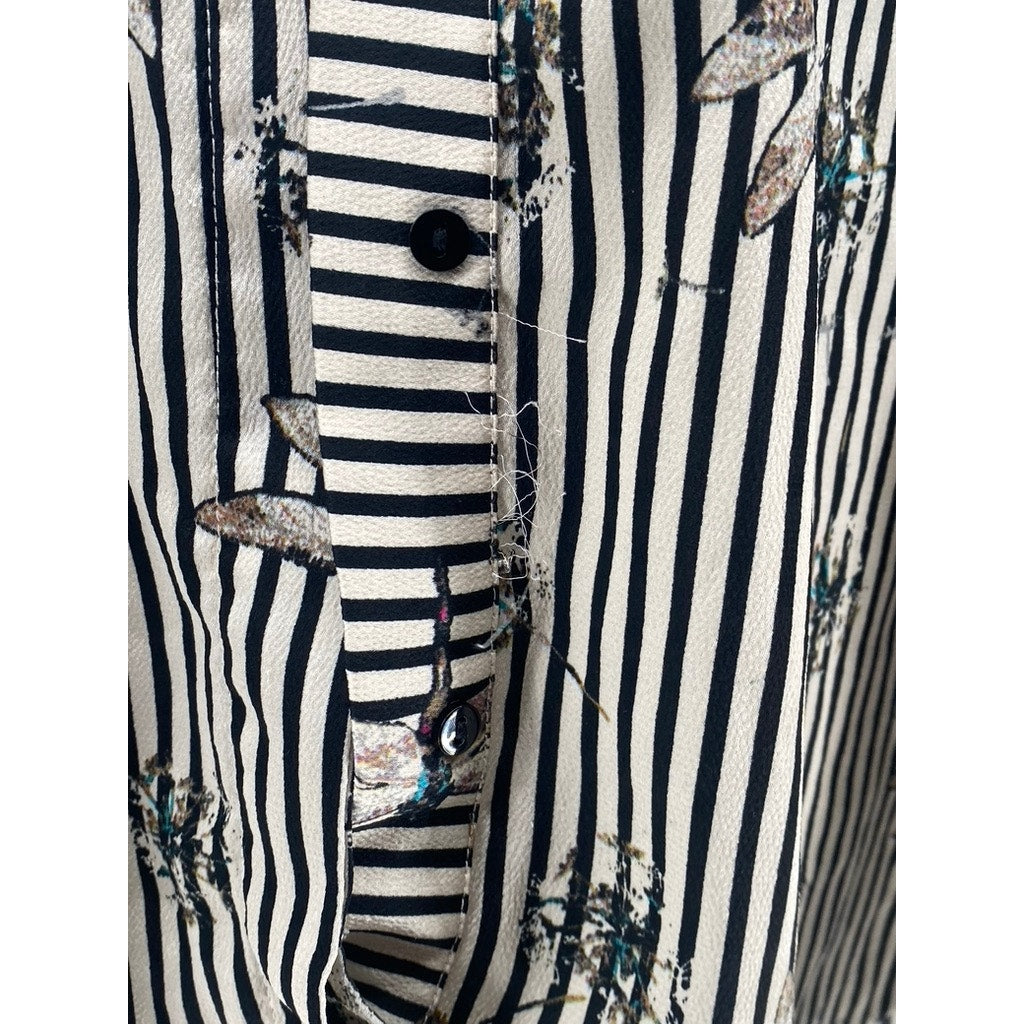 ZARA Women’s Black-Gray Striped Dragonfly Button-Up Long Sleeve Tunic Top SZ S