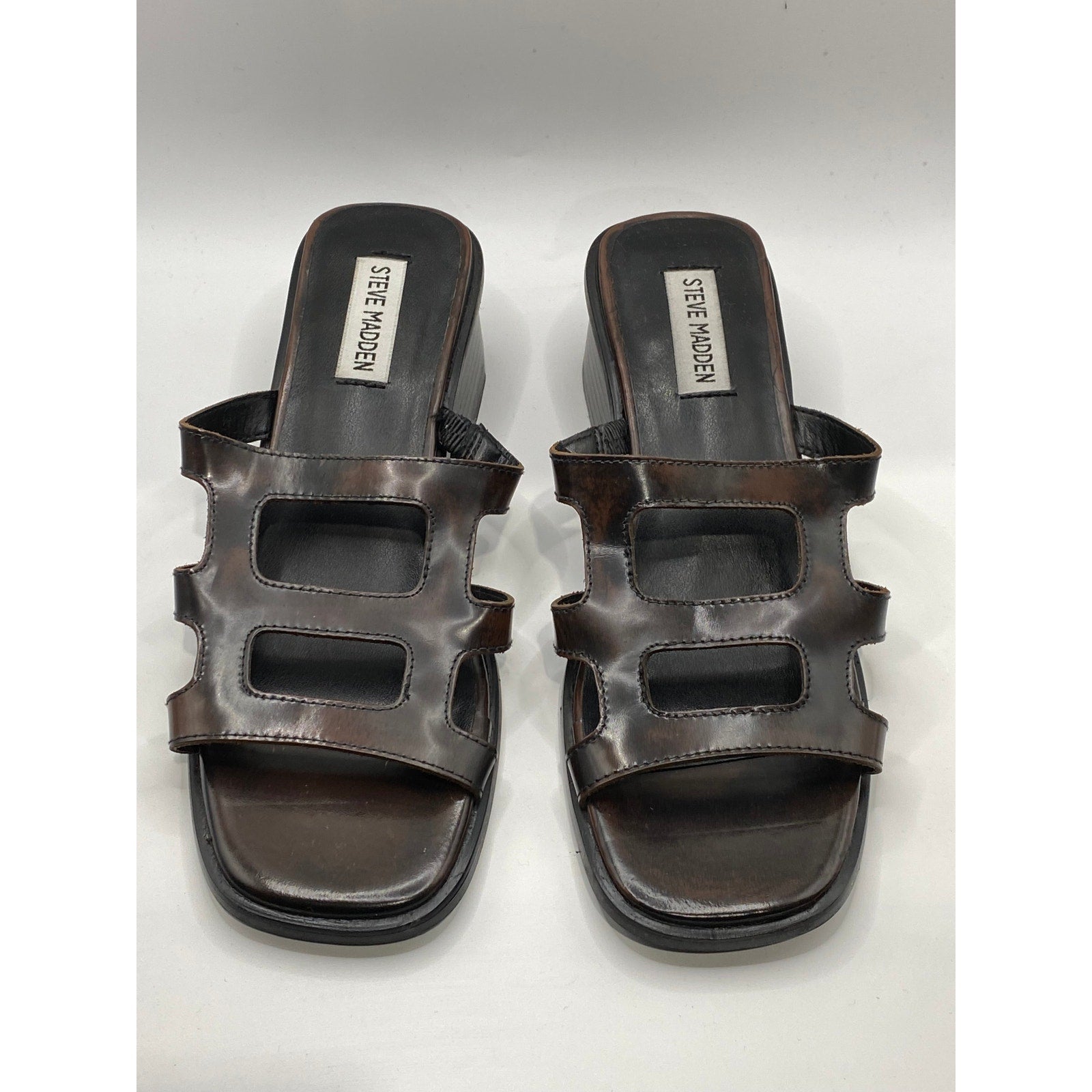 STEVE MADDEN Women's Brown Leather Square-Toe Block-Heel Slide Sandals SZ 7